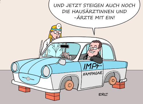 Cartoon: Impfen Hausärzte (medium) by Erl tagged politik,corona,virus,pandemie,covid19,impfung,impfen,impfkampagne,gesundheitsminister,jens,spahn,schleppend,langsam,april,einbindung,hausärztinnen,hausärzte,hausärztin,hausarzt,spät,impfstoff,knapp,auto,trabant,reifen,karikatur,erl,politik,corona,virus,pandemie,covid19,impfung,impfen,impfkampagne,gesundheitsminister,jens,spahn,schleppend,langsam,april,einbindung,hausärztinnen,hausärzte,hausärztin,hausarzt,spät,impfstoff,knapp,auto,trabant,reifen,karikatur,erl