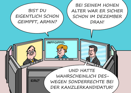 Cartoon: Impfgipfel (medium) by Erl tagged politik,corona,virus,pandemie,covid19,impfgipfel,bund,länder,bundeskanzlerin,angela,merkel,ministerpräsidentinnen,ministerpräsidenten,impfung,impfpriorisierung,freiheiten,geimpfte,aufhebung,einschränkung,grundrechte,armin,laschet,cdu,markus,söder,csu,stichelei,kanzlerkandidatur,alt,verstaubt,jung,modern,videokonferenz,zoom,meeting,treffen,digital,karikatur,erl,politik,corona,virus,pandemie,covid19,impfgipfel,bund,länder,bundeskanzlerin,angela,merkel,ministerpräsidentinnen,ministerpräsidenten,impfung,impfpriorisierung,freiheiten,geimpfte,aufhebung,einschränkung,grundrechte,armin,laschet,cdu,markus,söder,csu,stichelei,kanzlerkandidatur,alt,verstaubt,jung,modern,videokonferenz,zoom,meeting,treffen,digital,karikatur,erl