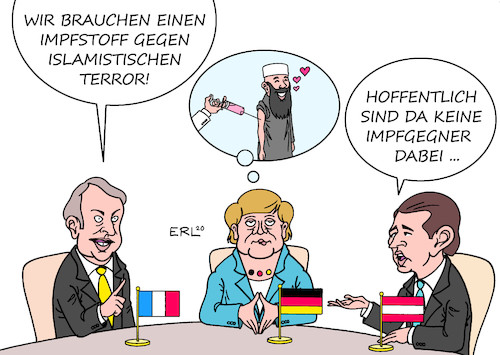 Cartoon: Impfung gegen Terror (medium) by Erl tagged politik,terrorismus,islamismus,anschlag,bekämpfung,strategie,gespräch,präsident,emmanuel,macron,frankreich,bundeskanzlerin,angela,merkel,deutschland,bundeskanzler,sebastian,kurz,österreich,corona,virus,pandemie,hoffnung,impfstoff,biontech,pfizer,coronaleugner,impfgegner,karikatur,erl,politik,terrorismus,islamismus,anschlag,bekämpfung,strategie,gespräch,präsident,emmanuel,macron,frankreich,bundeskanzlerin,angela,merkel,deutschland,bundeskanzler,sebastian,kurz,österreich,corona,virus,pandemie,hoffnung,impfstoff,biontech,pfizer,coronaleugner,impfgegner,karikatur,erl