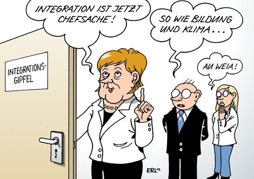 Cartoon: Integration (medium) by Erl tagged integration,migration,migrationshintergrund,gipfel,bundeskanzlerin,angela,merkel,chefin,chefsache,bildung,klima,integration,migration,migrationshintergrund,gipfel,bundeskanzlerin,angela merkel,chefin,chefsache,bildung,klima,angela,merkel