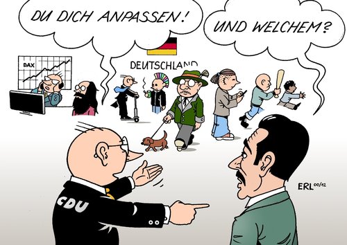 Cartoon: Integration (medium) by Erl tagged inländer,ausländer,gesellschaft,bürger,vielfalt,deutschland,kultur,migration,leitkultur,cdu,anpassung,integration,integration,migration,kultur,deutschland,vielfalt,bürger,ausländer,inländer,cdu,anpassung