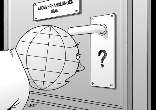 Cartoon: Iran (medium) by Erl tagged iran,atomprogramm,zivil,militärisch,atombombe,verhandlungen,lausanne,einigung,verwirrung,rätsel,rätselraten,welt,erde,schlüsselloch,fragezeichen,tür
