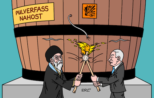 Cartoon: Iran gegen Israel I (medium) by Erl tagged politik,nahost,konflikt,iran,israel,angriff,gegenangriff,gefahr,eskalation,pulverfass,lunte,feuer,fackeln,kampf,ali,chamenei,gesicht,wahren,benjamin,netanjahu,koalitionspartner,nationalismus,rechtsextremismus,karikatur,erl,politik,nahost,konflikt,iran,israel,angriff,gegenangriff,gefahr,eskalation,pulverfass,lunte,feuer,fackeln,kampf,ali,chamenei,gesicht,wahren,benjamin,netanjahu,koalitionspartner,nationalismus,rechtsextremismus,karikatur,erl