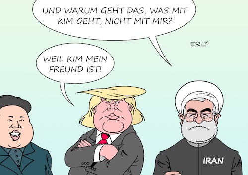 Cartoon: Iran Trump Kim (medium) by Erl tagged politik,gipfel,treffen,usa,präsident,donald,trump,kim,jong,un,diktator,nordkorea,annäherung,beziehungen,vertiefung,freundschaft,frieden,atomwaffen,abrüstung,gegensatz,behandlung,iran,feindschaft,entfremdung,ausstieg,atomvertrag,karikatur,erl,politik,gipfel,treffen,usa,präsident,donald,trump,kim,jong,un,diktator,nordkorea,annäherung,beziehungen,vertiefung,freundschaft,frieden,atomwaffen,abrüstung,gegensatz,behandlung,iran,feindschaft,entfremdung,ausstieg,atomvertrag,karikatur,erl