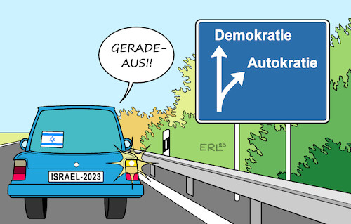 Cartoon: Israel (medium) by Erl tagged politik,israel,premierminister,benjamin,netanjahu,gesetzt,beschneidung,oberstes,gericht,justiz,gewaltenteilung,demokratie,richtung,autokratie,autobahn,ausfahrt,auto,fahrer,beifahrerin,beifahrer,protest,karikatur,erl,politik,israel,premierminister,benjamin,netanjahu,gesetzt,beschneidung,oberstes,gericht,justiz,gewaltenteilung,demokratie,richtung,autokratie,autobahn,ausfahrt,auto,fahrer,beifahrerin,beifahrer,protest,karikatur,erl