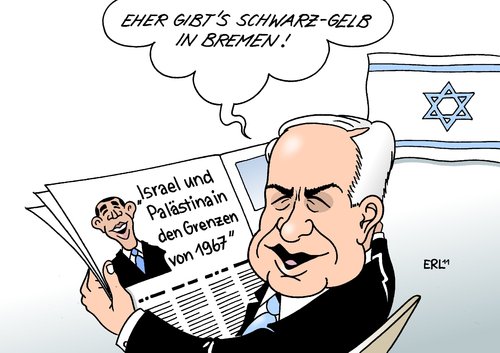 Cartoon: Israel Bremen (medium) by Erl tagged israel,palästina,staat,zwei,grenze,1967,rede,obama,usa,präsident,premierminister,netanjahu,skepsis,wahl,bremen,rot,grün,schwarz,gelb,spd,grüne,cdu,fdp,israel,palästina,staat,grenze,1967,rede,barack obama,präsident,bremen,wahl,barack,obama