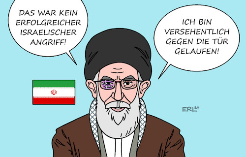 Cartoon: Israelischer Angriff (medium) by Erl tagged politik,nahost,konflikt,iran,israel,angriff,gegenangriff,gefahr,eskalation,ali,chamenei,deeskalation,gesicht,gewahrt,karikatur,erl,politik,nahost,konflikt,iran,israel,angriff,gegenangriff,gefahr,eskalation,ali,chamenei,deeskalation,gesicht,gewahrt,karikatur,erl