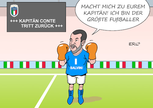 Cartoon: Italien (medium) by Erl tagged politik,italien,rücktritt,ministerpräsident,conte,koalition,movimento,stelle,lega,nord,innenminister,salvini,rechtspopulismus,nationalismus,rassismus,abschottung,flüchtlinge,starker,mann,macht,kapitän,fußball,boxen,boxer,karikatur,erl,politik,italien,rücktritt,ministerpräsident,conte,koalition,movimento,stelle,lega,nord,innenminister,salvini,rechtspopulismus,nationalismus,rassismus,abschottung,flüchtlinge,starker,mann,macht,kapitän,fußball,boxen,boxer,karikatur,erl