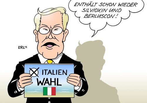 Cartoon: Italien Wahl (medium) by Erl tagged italien,wahl,silvio,berlusconi,skandale,kandidat,lebensmittelskandal,pferdefleisch,dioxin,aussenminister,guido,westerwelle,warnung,italien,wahl,silvio,berlusconi,skandale,kandidat,lebensmittelskandal,pferdefleisch,dioxin,aussenminister,guido,westerwelle,warnung