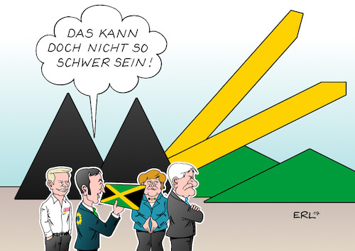 Cartoon: Jamaika (medium) by Erl tagged bundestagswahl,wahl,bundestag,regierung,regierungsbildung,koalition,jamaika,schwarz,gelb,grün,cdu,csu,fdp,bündnis,90,die,grünen,positionen,grundsätze,partei,basis,wahlversprechen,umsetzung,anspruch,wirklichkeit,realität,plan,lindner,özdemir,merkel,seehofer,karikatur,erl,bundestagswahl,wahl,bundestag,regierung,regierungsbildung,koalition,jamaika,schwarz,gelb,grün,cdu,csu,fdp,bündnis,90,die,grünen,positionen,grundsätze,partei,basis,wahlversprechen,umsetzung,anspruch,wirklichkeit,realität,plan,lindner,özdemir,merkel,seehofer,karikatur,erl