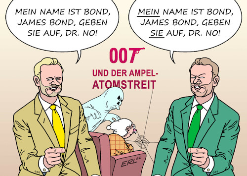 Cartoon: James Bond jagt Dr. No (medium) by Erl tagged politik,krieg,russland,ukraine,gas,knappheit,verteuerung,winter,frieren,wladimir,putin,drohung,atomkrieg,ampel,streit,verlängerung,laufzeit,atomkraftwerke,fdp,christian,lindner,grüner,robert,habeck,vorwurf,blockade,ideologie,dr,no,james,bond,michel,karikatur,erl,politik,krieg,russland,ukraine,gas,knappheit,verteuerung,winter,frieren,wladimir,putin,drohung,atomkrieg,ampel,streit,verlängerung,laufzeit,atomkraftwerke,fdp,christian,lindner,grüner,robert,habeck,vorwurf,blockade,ideologie,dr,no,james,bond,michel,karikatur,erl