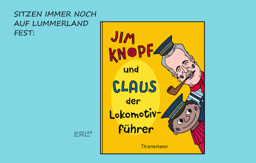 Cartoon: Jim Knopf Neufassung (medium) by Erl tagged politik,tarifverhandlungen,kampf,machtkampf,bahn,lokführer,gewerkschaft,gdl,chef,claus,weselsky,stur,kompromisslos,lahmlegen,deutschland,ice,zug,streik,warnstreik,welle,kinderbuch,neufassung,jim,knopf,und,lukas,der,lokomotivführer,festsitzen,lummerland,eine,insel,mit,zwei,bergen,karikatur,erl,politik,tarifverhandlungen,kampf,machtkampf,bahn,lokführer,gewerkschaft,gdl,chef,claus,weselsky,stur,kompromisslos,lahmlegen,deutschland,ice,zug,streik,warnstreik,welle,kinderbuch,neufassung,jim,knopf,und,lukas,der,lokomotivführer,festsitzen,lummerland,eine,insel,mit,zwei,bergen,karikatur,erl