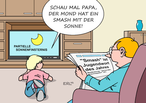 Cartoon: Jugendwort (medium) by Erl tagged politik,sprache,jugendwort,2022,smash,abschleppen,haben,sonnenfinsternis,partiell,mond,sonne,nachrichten,fernsehen,zeitung,sohn,vater,karikatur,erl,politik,sprache,jugendwort,2022,smash,abschleppen,sex,haben,sonnenfinsternis,partiell,mond,sonne,nachrichten,fernsehen,zeitung,sohn,vater,karikatur,erl