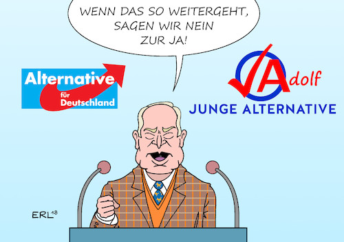 Cartoon: Junge Alternative (medium) by Erl tagged politik,partei,afd,alternative,für,deutschland,rechtspopulismus,jugend,jugendorganisation,junge,problem,rechtsextremismus,parteiführung,distanzierung,ja,nein,adolf,alexander,gauland,karikatur,erl,politik,partei,afd,alternative,für,deutschland,rechtspopulismus,jugend,jugendorganisation,junge,problem,rechtsextremismus,parteiführung,distanzierung,ja,nein,adolf,alexander,gauland,karikatur,erl