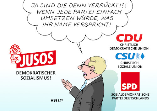 Cartoon: Jusos (medium) by Erl tagged politik,jusos,vorsitzender,kevin,kühnert,interview,forderung,demokratischer,sozialismus,begrenzung,eigentum,immobilien,kollektivierung,autoindustrie,bmw,partei,programm,cdu,csu,christlich,spd,sozialdemokratisch,karikatur,erl,politik,jusos,vorsitzender,kevin,kühnert,interview,forderung,demokratischer,sozialismus,begrenzung,eigentum,immobilien,kollektivierung,autoindustrie,bmw,partei,programm,cdu,csu,christlich,spd,sozialdemokratisch,karikatur,erl