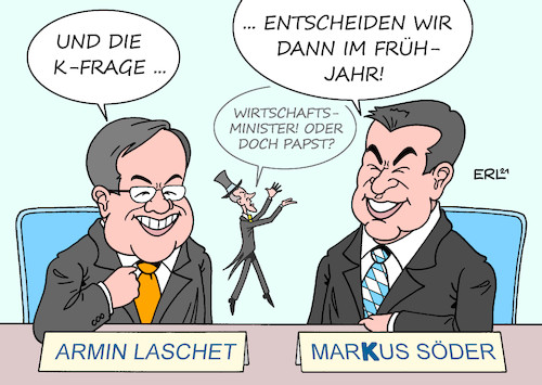 Cartoon: K-Frage (medium) by Erl tagged politik,partei,cdu,parteitag,wahl,vorsitz,sieger,armin,laschet,ministerpräsident,nrw,kandidaten,norbert,röttgen,friedrich,merz,vorschlag,wirtschaftsminister,hybris,papst,frage,kanzlerkandidat,kandidat,bundeskanzler,bundestagswahl,klärung,frühjahr,markus,söder,csu,bayern,karikatur,erl,politik,partei,cdu,parteitag,wahl,vorsitz,sieger,armin,laschet,ministerpräsident,nrw,kandidaten,norbert,röttgen,friedrich,merz,vorschlag,wirtschaftsminister,hybris,papst,frage,kanzlerkandidat,kandidat,bundeskanzler,bundestagswahl,klärung,frühjahr,markus,söder,csu,bayern,karikatur,erl