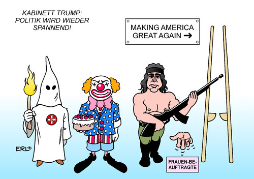 Cartoon: Kabinett Trump (medium) by Erl tagged usa,wahl,präsident,trump,wahlkampf,schlammschlacht,populismus,rassismus,sexismus,gewalt,kabinett,ku,klux,klan,clown,rambo,hand,stelzen,making,america,great,again,grösse,spannung,karikatur,erl,usa,wahl,präsident,trump,wahlkampf,schlammschlacht,populismus,rassismus,sexismus,gewalt,kabinett,ku,klux,klan,clown,rambo,hand,stelzen,making,america,great,again,grösse,spannung,karikatur,erl