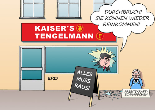 Cartoon: Kaisers Tengelmann (medium) by Erl tagged kaisers,tengelmann,supermarkt,kette,filialen,verkauf,scheitern,übernahme,edeka,kartellamt,ministererlaubnis,wirtschaftsminister,sigmar,gabriel,klage,rewe,konkurrenzkampf,ausverkauf,leidtragende,arbeitnehmer,arbeitskraft,arbeitslos,schlichtung,durchbruch,karikatur,erl,kaisers,tengelmann,supermarkt,kette,filialen,verkauf,scheitern,übernahme,edeka,kartellamt,ministererlaubnis,wirtschaftsminister,sigmar,gabriel,klage,rewe,konkurrenzkampf,ausverkauf,leidtragende,arbeitnehmer,arbeitskraft,arbeitslos,schlichtung,durchbruch,karikatur,erl