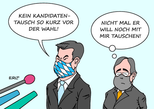 Cartoon: Kandidatentausch (medium) by Erl tagged politik,wahl,bundestagswahl,2021,kanzlerkandidat,union,armin,laschet,cdu,umfragetief,diskussion,kandidatentausch,konkurrent,markus,söder,csu,absage,karikatur,erl,politik,wahl,bundestagswahl,2021,kanzlerkandidat,union,armin,laschet,cdu,umfragetief,diskussion,kandidatentausch,konkurrent,markus,söder,csu,absage,karikatur,erl