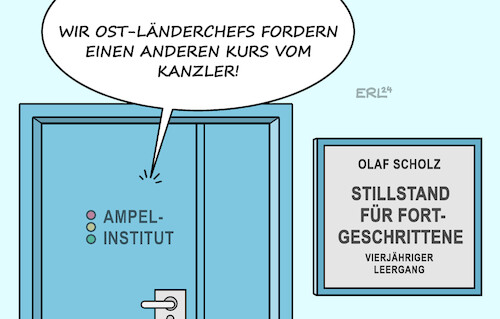 Cartoon: Kanzler-Kurs (medium) by Erl tagged politik,europawahl,stimmen,verluste,bundesregierung,ampel,spd,grüne,fdp,gewinne,erstarken,afd,bsw,osten,ostdeutschland,regierungschefs,appell,bundeskanzler,olaf,scholz,kursänderung,kurs,zögerlichkeit,stillstand,leerlauf,leergang,lehrgang,karikatur,erl,politik,europawahl,stimmen,verluste,bundesregierung,ampel,spd,grüne,fdp,gewinne,erstarken,afd,bsw,osten,ostdeutschland,regierungschefs,appell,bundeskanzler,olaf,scholz,kursänderung,kurs,zögerlichkeit,stillstand,leerlauf,leergang,lehrgang,karikatur,erl