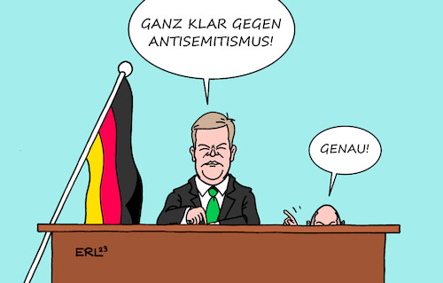 Cartoon: Kanzler und Vizekanzler (medium) by Erl tagged politik,bundesregierung,ampel,vizekanzler,robert,habeck,grüne,video,bekenntnis,israel,solidarität,klar,aussage,gegen,antisemitismus,deutlich,worte,bundeskanzler,olaf,scholz,kanzler,aufgabe,karikatur,erl,politik,bundesregierung,ampel,vizekanzler,robert,habeck,grüne,video,bekenntnis,israel,solidarität,klar,aussage,gegen,antisemitismus,deutlich,worte,bundeskanzler,olaf,scholz,kanzler,aufgabe,karikatur,erl