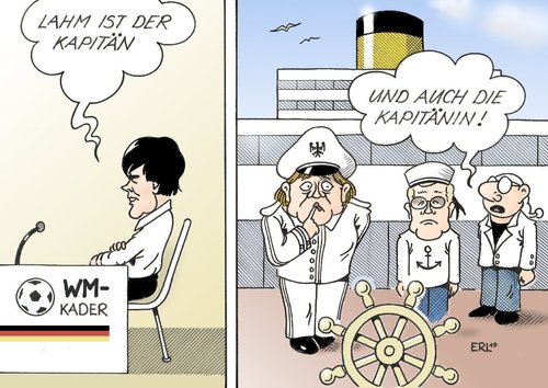 Cartoon: Kapitän (medium) by Erl tagged fußball,nationalmannschaft,kapitän,philipp,lahm,jogi,löw,regierung,kapitänin,merkel,westerwelle,führungsschwäche,umfragetief,fußball,nationalmannschaft,kapitän,philipp lahm,jogi löw,angela merkel,guido westerwelle,führungsschwäche,umfragetief,sport,fussbal,philipp,lahm,jogi,löw,angela,merkel,guido,westerwelle