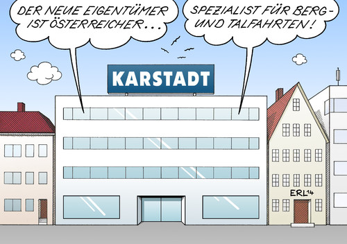 Cartoon: Karstadt (medium) by Erl tagged karstadt,konzern,kaufhaus,warenhaus,insolvenz,pleite,investor,berggruen,versagen,benko,österreich,österreicher,berg,tal,fahrt,belegschaft,angst,wirtschaft,geld,finanzen,karstadt,konzern,kaufhaus,warenhaus,insolvenz,pleite,investor,berggruen,versagen,benko,österreich,österreicher,berg,tal,fahrt,belegschaft,angst,wirtschaft,geld,finanzen