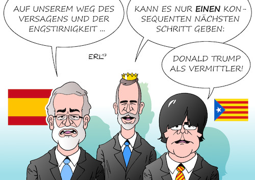 Cartoon: Katalonien Vermittlung (medium) by Erl tagged katalonien,unabhängigkeit,referendum,spanien,verbot,verfassung,verfassungswidrig,einsatz,polizei,besetzung,wahllokale,recht,geld,wirtschaft,wirtschaftskraft,konflikt,konfrontation,rechthaberei,unnachgiebigkeit,engstirnigkeit,versagen,mariano,rajoy,könig,felipe,carles,puigdemont,konsequenz,vermittlung,donald,trump,präsident,usa,witz,karikatur,erl,katalonien,unabhängigkeit,referendum,spanien,verbot,verfassung,verfassungswidrig,einsatz,polizei,besetzung,wahllokale,recht,geld,wirtschaft,wirtschaftskraft,konflikt,konfrontation,rechthaberei,unnachgiebigkeit,engstirnigkeit,versagen,mariano,rajoy,könig,felipe,carles,puigdemont,konsequenz,vermittlung,donald,trump,präsident,usa,witz,karikatur,erl