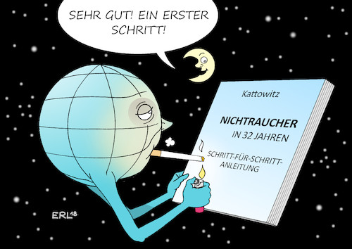 Cartoon: Kattowitz (medium) by Erl tagged politik,klima,klimawandel,erderwärmung,hitze,dürren,trockenheit,heißzeit,klimagipfel,klimakonferenz,kattowitz,reduzierung,ausstoss,treibhausgas,co2,begrenzung,erwärmung,eineinhalb,grad,ziel,regeln,klimaschutz,umsetzung,vertrag,abkommen,paris,erde,raucher,nichtraucher,mond,sterne,karikatur,erl,politik,klima,klimawandel,erderwärmung,hitze,dürren,trockenheit,heißzeit,klimagipfel,klimakonferenz,kattowitz,reduzierung,ausstoss,treibhausgas,co2,begrenzung,erwärmung,eineinhalb,grad,ziel,regeln,klimaschutz,umsetzung,vertrag,abkommen,paris,erde,raucher,nichtraucher,mond,sterne,karikatur,erl