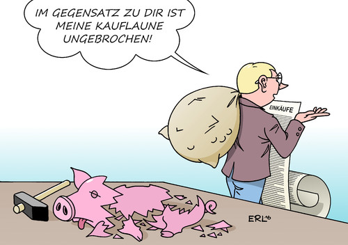 Cartoon: Kauflaune (medium) by Erl tagged erl,karikatur,finanzen,geld,shoppen,einkaufen,einkauf,schlachtung,sparschwein,ungebrochen,kauflaune,konsumklima,wirtschaft,konjunktur,deutschland,deutschland,konjunktur,wirtschaft,konsumklima,kauflaune,ungebrochen,sparschwein,schlachtung,einkauf,einkaufen,shoppen,geld,finanzen,karikatur,erl