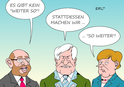 Cartoon: kein weiter so (medium) by Erl tagged politik,bundestagswahl,regierungsbildung,regierung,große,koalition,groko,verteilung,ressorts,minister,posten,cdu,csu,spd,bundeskanzlerin,angela,merkel,horst,seehofer,martin,schulz,wahlverlierer,weiter,so,stillstand,aufbruch,zukunft,karikatur,erl,politik,bundestagswahl,regierungsbildung,regierung,große,koalition,groko,verteilung,ressorts,minister,posten,cdu,csu,spd,bundeskanzlerin,angela,merkel,horst,seehofer,martin,schulz,wahlverlierer,weiter,so,stillstand,aufbruch,zukunft,karikatur,erl