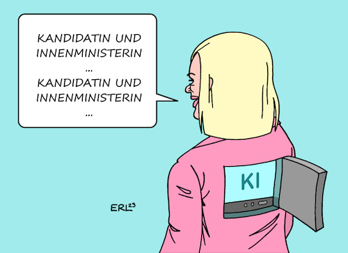 Cartoon: KI machts möglich (medium) by Erl tagged politik,nancy,faeser,spd,bundesinnenministerin,kandidatur,amt,ministerpräsidentin,landtagswahl,hessen,doppelfunktion,doppelbelastung,ki,künstliche,intelligenz,chatgbt,chatbot,kandidatin,innenministerin,karikatur,erl,politik,nancy,faeser,spd,bundesinnenministerin,kandidatur,amt,ministerpräsidentin,landtagswahl,hessen,doppelfunktion,doppelbelastung,ki,künstliche,intelligenz,chatgbt,chatbot,kandidatin,innenministerin,karikatur,erl