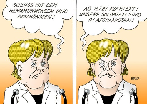 Cartoon: Klartext (medium) by Erl tagged merkel,cdu,csu,fdp,spd,afghanistan,klartext,beschönigen,herumreden,soldaten,angela merkel,cdu,csu,fdp,spd,afghanistan,klartext,beschönigen,herumreden,soldaten,militär,verteidigung,angela,merkel