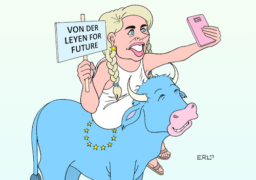 Cartoon: Klima und Digitales (medium) by Erl tagged politik,eu,kommission,präsidentin,ursula,von,der,leyen,kommissare,kommissarinnen,vorschlag,wahl,parlament,schwerpunkte,klima,klimaschutz,fridays,for,future,greta,thunberg,digitales,smartphone,selfie,europa,stier,karikatur,erl,politik,eu,kommission,präsidentin,ursula,von,der,leyen,kommissare,kommissarinnen,vorschlag,wahl,parlament,schwerpunkte,klima,klimaschutz,fridays,for,future,greta,thunberg,digitales,smartphone,selfie,europa,stier,karikatur,erl