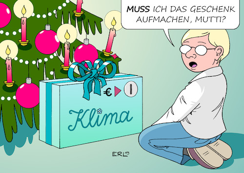 Cartoon: Klimapaket (medium) by Erl tagged politik,klima,klimakrise,erderwärmung,co2,reduzierung,deutschland,groko,klimapaket,maßnahmen,kosten,geld,euro,einwurf,päckchen,geschenk,weihnachten,weihnachtsbaum,christbaum,begeisterung,kind,mutti,merkel,karikatur,erl,politik,klima,klimakrise,erderwärmung,co2,reduzierung,deutschland,groko,klimapaket,maßnahmen,kosten,geld,euro,einwurf,päckchen,geschenk,weihnachten,weihnachtsbaum,christbaum,begeisterung,kind,mutti,merkel,karikatur,erl