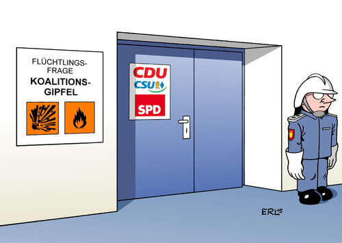 Cartoon: Koalitionsgipfel (medium) by Erl tagged flüchtlingsfrage,flüchtlinge,spd,csu,cdu,rot,schwarz,koalition,regierung,koalitionsgipfel,streit,explosion,feuer,gefahr,obergrenze,transitzonen,grenzen,schließung,kontrolle,merkel,seehofer,gabriel,feuerwehr,feuerwehrmann,karikatur,erl,koalitionsgipfel,regierung,koalition,schwarz,rot,cdu,csu,spd,flüchtlinge,flüchtlingsfrage,streit,explosion,feuer,gefahr,obergrenze,transitzonen,grenzen,schließung,kontrolle,merkel,seehofer,gabriel,feuerwehr,feuerwehrmann,karikatur,erl