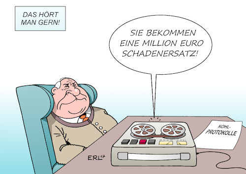 Cartoon: Kohl (medium) by Erl tagged altkanzler,helmut,kohl,memoiren,vermächtnis,protokolle,tonband,buch,biograf,heribert,schwan,veröffentlichung,vertraulich,verletzung,persönlichkeitsrecht,prozess,gericht,urteil,schadenersatz,million,euro,justiz,recht,karikatur,erl,altkanzler,helmut,kohl,memoiren,vermächtnis,protokolle,tonband,buch,biograf,heribert,schwan,veröffentlichung,vertraulich,verletzung,persönlichkeitsrecht,prozess,gericht,urteil,schadenersatz,million,euro,justiz,recht,karikatur,erl