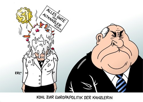 Cartoon: Kohl Merkel (medium) by Erl tagged kohl,helmut,altkanzler,merkel,angela,bundeskanzlerin,politik,europa,europapolitik,euro,schulden,krise,management,kritik,geburtstag,17,juli,1954,57,jahre,torte,gesicht,hermut kohl,angela merkel,bundeskanzlerin,europa,euro,schulden,geburtstag,1954,hermut,kohl,angela,merkel