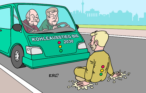 Cartoon: Kohleausstieg (medium) by Erl tagged politik,bundesregierung,ampel,spd,grüne,fdp,christian,lindner,zweifel,kohleausstieg,2030,blockade,straße,kleber,klimakleber,auto,olaf,scholz,robert,habeck,karikatur,erl,politik,bundesregierung,ampel,spd,grüne,fdp,christian,lindner,zweifel,kohleausstieg,2030,blockade,straße,kleber,klimakleber,auto,olaf,scholz,robert,habeck,karikatur,erl