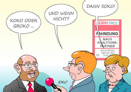 Cartoon: Koko Groko (medium) by Erl tagged bundestagswahl,2017,wahl,bundestag,regierung,regierungsbildung,jamaika,scheitern,neuauflage,grosse,koalition,groko,schwarz,rot,cdu,csu,spd,skepsis,basis,jusos,partei,parteilinke,vorschlag,kooperative,koko,koalitionspartner,fahndung,polizei,sonderkommission,soko,bundeskanzlerin,angela,merkel,martin,schulz,karikatur,erl,bundestagswahl,2017,wahl,bundestag,regierung,regierungsbildung,jamaika,scheitern,neuauflage,grosse,koalition,groko,schwarz,rot,cdu,csu,spd,skepsis,basis,jusos,partei,parteilinke,vorschlag,kooperative,koko,koalitionspartner,fahndung,polizei,sonderkommission,soko,bundeskanzlerin,angela,merkel,martin,schulz,karikatur,erl