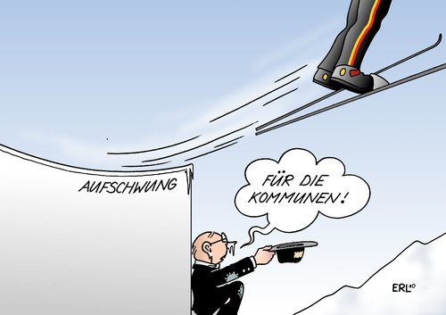 Cartoon: Kommunen (medium) by Erl tagged aufschwung,wirtschaft,finanzen,kommunen,teilhabe,pleite,not,finanznot,skispringen,wirtschaft,finanzen,kommunen,teilhabe,finanznot,skispringen