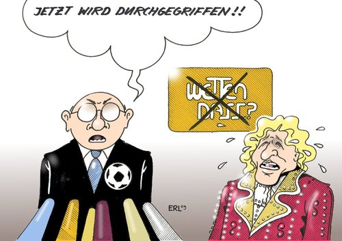 Cartoon: Konsequenzen (medium) by Erl tagged fußball,wettskandal,uefa,konsquenzen,durchgreifen,wetten,dass,verboten,thomas,gottschalk,fußball,wettskandal,uefa,konsequenzen,durchgreifen,wetten dass,verboten,thomas gottschalk,wetten,dass,thomas,gottschalk