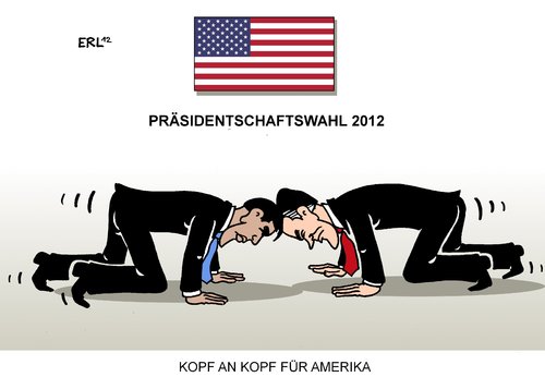 Cartoon: Kopf an Kopf (medium) by Erl tagged rennen,kopf,republikaner,demokraten,präsidentschaftswahl,präsident,usa,romney,obama,duell,tv,tv,duell,obama,romney,usa,präsident,präsidentschaftswahl,demokraten,republikaner,kopf,rennen