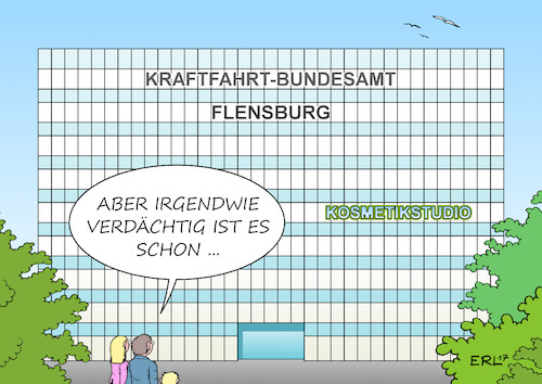 Cartoon: Kraftfahrt-Bundesamt (medium) by Erl tagged kraftfahrtbundesmat,flensburg,auto,verkehr,behörde,überwachung,gesetze,verdacht,absprachen,autoindustrie,dieselaffäre,abgaswerte,manipulation,software,kosmetik,kosmetikstudio,karikatur,erl,kraftfahrtbundesmat,flensburg,auto,verkehr,behörde,überwachung,gesetze,verdacht,absprachen,autoindustrie,dieselaffäre,abgaswerte,manipulation,software,kosmetik,kosmetikstudio,karikatur,erl