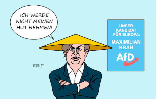 Cartoon: Krah (medium) by Erl tagged politik,mitarbeiter,kandidat,europawahl,maximilian,krah,afd,verdacht,spionage,china,geheimdienst,agent,ablehnung,rücktritt,hut,nehmen,rechtsextremismus,sympathie,diktatur,russland,karikatur,erl,politik,mitarbeiter,kandidat,europawahl,maximilian,krah,afd,verdacht,spionage,china,geheimdienst,agent,ablehnung,rücktritt,hut,nehmen,rechtsextremismus,sympathie,diktatur,russland,karikatur,erl