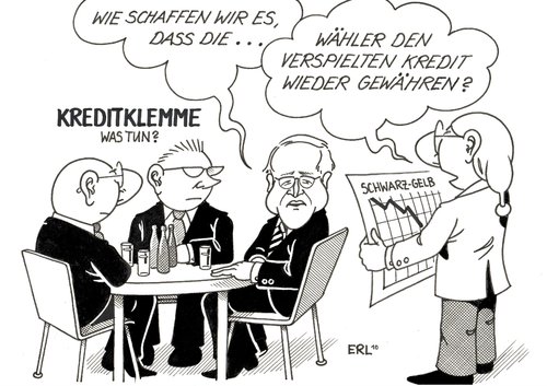 Cartoon: Kreditklemme (medium) by Erl tagged kreditklemme,kredit,kredite,zurückhaltung,bank,banken,unternehmen,wirtschaftsminister,koalition,cdu,csu,schwarz,gelb,verspielt,wähler,wahl,wahlen