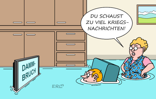 Cartoon: Kriegsnachrichten (medium) by Erl tagged politik,krieg,angriff,überfall,russland,ukraine,explosion,staudamm,damm,dammbruch,hochwasser,überflutung,nachrichten,fernsehen,karikatur,erl,politik,krieg,angriff,überfall,russland,ukraine,explosion,staudamm,damm,dammbruch,hochwasser,überflutung,nachrichten,fernsehen,karikatur,erl