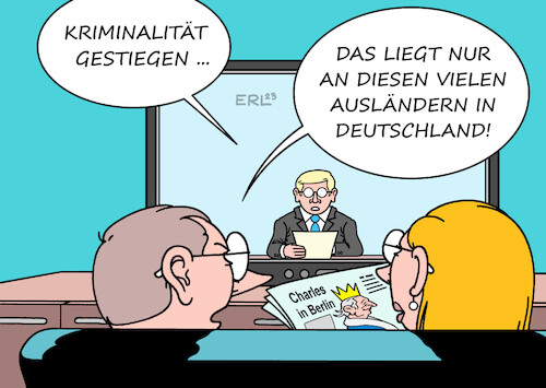 Cartoon: Kriminalität (medium) by Erl tagged politik,statistik,kriminalität,anstieg,deutschland,besuch,könig,charles,großbritannien,gb,uk,berlin,hamburg,nachrichten,fernsehen,zeitung,ausländerfeindlichkleit,fremdenfeindlichkeit,karikatur,erl,politik,statistik,kriminalität,anstieg,deutschland,besuch,könig,charles,großbritannien,gb,uk,berlin,hamburg,nachrichten,fernsehen,zeitung,ausländerfeindlichkleit,fremdenfeindlichkeit,karikatur,erl