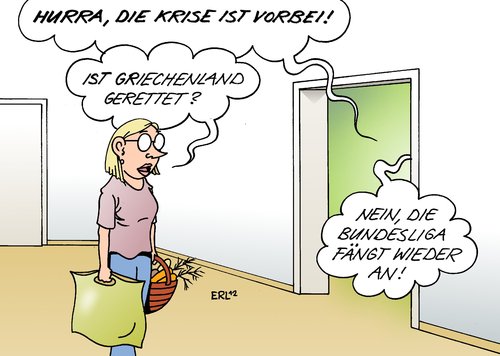 Cartoon: Krise vorbei (medium) by Erl tagged krise,griechenland,fußball,geld,euro,sparkurs,sparauflagen,sparen,hilfe,rettungsschirm,staatspleite,pleite,schulden,fernsehen,fan,vorbei,durststrecke,2013,2012,saison,start,bundesliga,griechenland,krise,schulden,pleite,staatspleite,rettungsschirm,hilfe,sparen,sparauflagen,sparkurs,euro,geld,fußball,bundesliga,start,saison,2012,2013,durststrecke,vorbei,fan,fernsehen