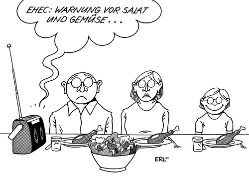 Cartoon: Krisengewinner (medium) by Erl tagged ehec,bakterium,keim,darm,krankheit,gurke,gemüse,salat,verzehr,warnung,freude,essen,gesundheit,durchfall